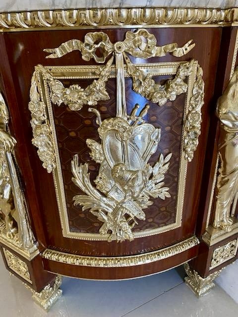 Antique Rare Fine Pair of French Early 20th Century Mahogany, Fruitwood Marquetry and Gilt Bronze Mounted Commodes In the Louis XVI Style, after the Original By Jean-Henri Riesener - Image 8